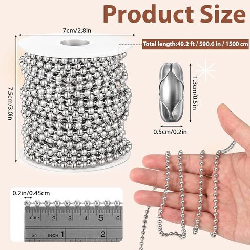 49.2 Ft Pull Chain Extension, 4.5 mm Ball Chain Stainless Steel with 10 Connectors Bead Chains for Curtains, Lamps, Keychains, Decorative Chains, DIY Jewelry and Dog Tag Ring-Silver in Saudi Arabia