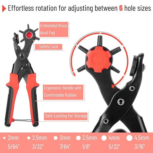 UNCO- مجموعة أدوات ثقب الجلد، مقبض أحمر، أحجام متعددة للثقب، ثقب الحزام للجلد والأحزمة والأشرطة وأطواق الحيوانات الأليفة والأحذية والسروج والقماش والحرف اليدوية، مع مجموعة حلقات معدنية 100 مجموعة in Kuwait