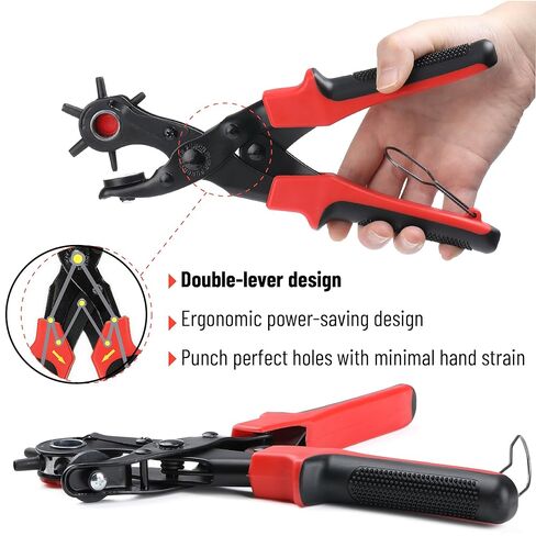 UNCO- مجموعة أدوات ثقب الجلد، مقبض أحمر، أحجام متعددة للثقب، ثقب الحزام للجلد والأحزمة والأشرطة وأطواق الحيوانات الأليفة والأحذية والسروج والقماش والحرف اليدوية، مع مجموعة حلقات معدنية 100 مجموعة in Kuwait