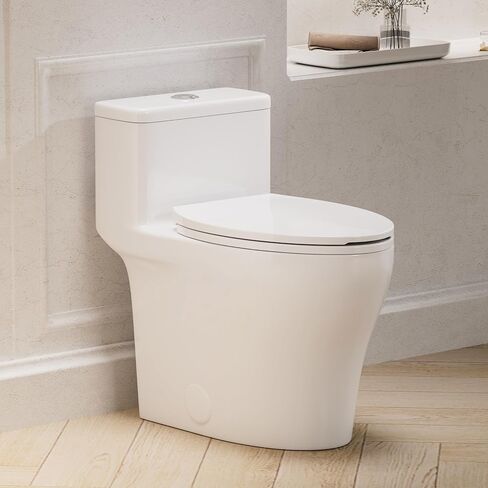One Piece Toilet with Powerful Flush, Compact Toilet Elongated Side Lever Flush 1.28 GPF, Sleek Design White Toilet Bowl, MAP Score 1000g, 12'' Rough-in, Certified Quality in Kuwait