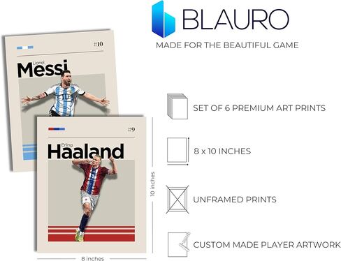 حزمة الملصقات الفنية الجدارية لكرة القدم من Blauro - ملصقات كرة القدم مستوحاة من كأس العالم لغرفة نوم الأولاد - ملصق ميسي، ملصق رونالدو، مطبوعات جدارية رياضية غير لامعة - مجموعة غير مؤطرة من 6 (8x10") in Saudi Arabia