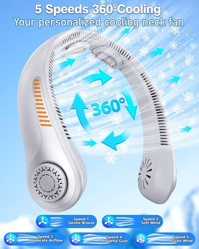 Portable Neck Fan - Rechargeable Personal Fan with Neck Support, 5-Speed Quiet Lightweight Long Lasting Neck Fan, Fathers Day, Mothers Day Gifts, Full Surround Cooling for Travel, Hot Flashes in Saudi Arabia