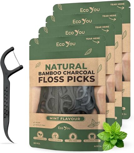 اختيارات الخيط القابلة للتحلل | 100 عدد (2 عبوة) | نكهة النعناع ، Candililla Wax | مستدامة وقابلة لإعادة الاستخدام | نباتي وخالي من القسوة | اختيارات خيار خيار الخيزران ، أسنان الخيزران in Kuwait