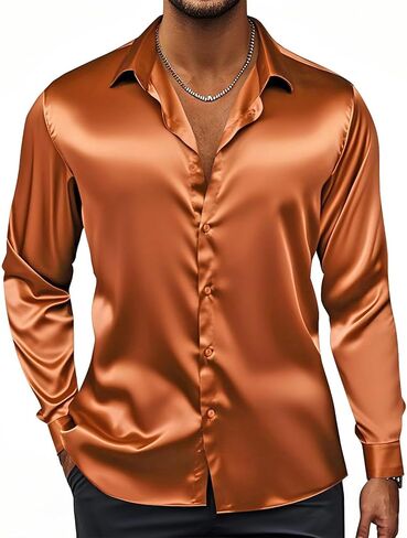 Hi-Tie Satin Mens Dress Shirts Long Sleeve Formal Shirts for Men Button Down Regular Fit Party Wedding in Saudi Arabia