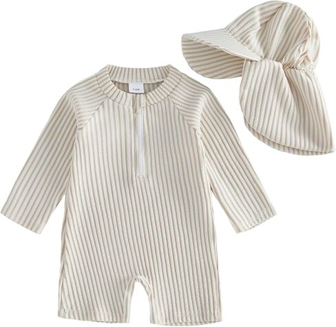 Baby Boys Girls Swimsuit One Piece Striped Zipper Bathing Suit Rash Guard Long Sleeve Seersucker Swimwear Sunsuit in Saudi Arabia