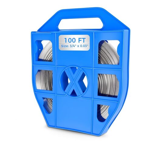ملف شريط ربط من الفولاذ المقاوم للصدأ 304، عرض 3/4 بوصة، سمك 0.03 بوصة، لفة 100 قدم في علبة بلاستيكية زرقاء بمقبض in Kuwait