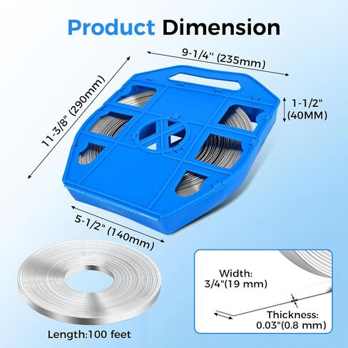 ملف شريط ربط من الفولاذ المقاوم للصدأ 304، عرض 3/4 بوصة، سمك 0.03 بوصة، لفة 100 قدم في علبة بلاستيكية زرقاء بمقبض in Kuwait