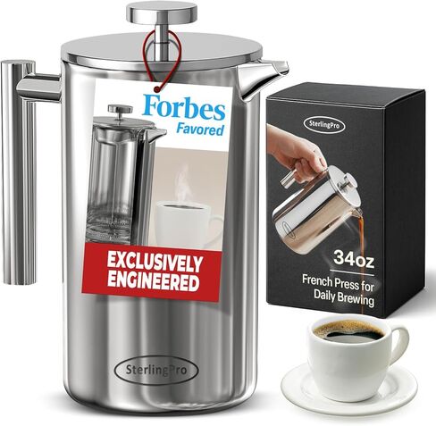 SterlingPro Non-Toxic Extra Large Insulated Stainless Steel French Press Coffee Maker 59oz – Metal XXL Double Wall French Press | Plastic Free | Cool-Touch | Mirror Finish | Makes up to 16 Cups/8 Mugs in Saudi Arabia