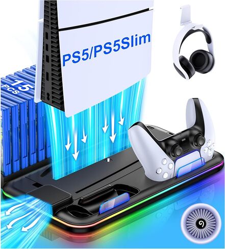 PS5/PS5 Slim Stand and Cooling Station with Controller Charging Station for Playsation 5, PS5 Accessories Kit Incl. 3 Levels Cooling Fan, LED, 15 Game Slot, Headset Holder for PS5 Digital/Disc Console in Kuwait