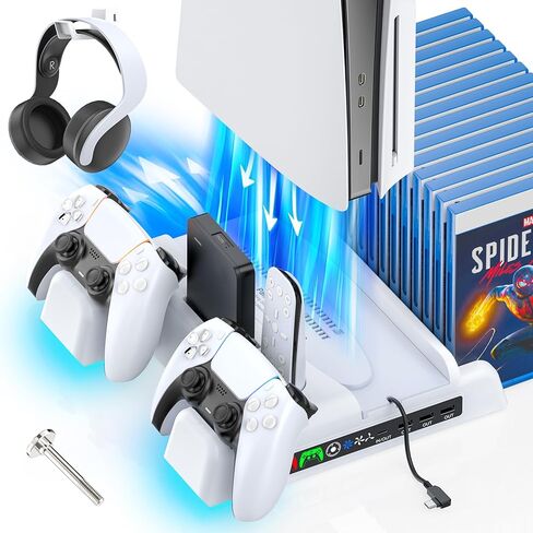 PS5/Slim Stand and Cooling Station with LED Controller Charging Station for PS 5 Console, Controller Charger, Cooling Stand, PS5/Slim Accessories Kit with 3 Level Cooler Fan in Kuwait