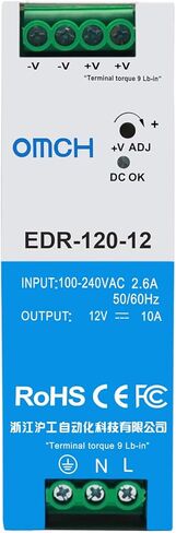 EDR-120-12 DIN مزود طاقة بتبديل السكك الحديدية، مخرج 120 وات 12 فولت 10 أمبير، مدخل تيار متردد عالمي 100-240 فولت تيار متردد 2.6 أمبير 50/60 هرتز، مصدر طاقة صناعي مع شهادة RoHS CE FC in Kuwait