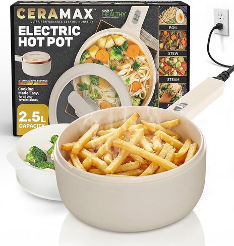 Electric Hot Pot with Lid and Steamer, 1.5L Non Toxic Ceramic Cooker Skillet for Ramen, Eggs, Pasta Portable and Compact for Dorms, Camping, RVs, Work, Adjustable Temperature in Saudi Arabia