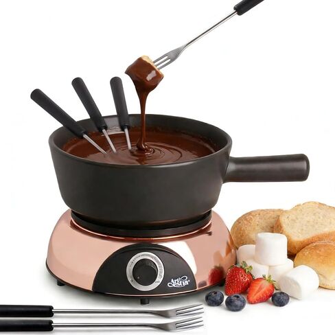 Artestia Electric Fondue Pot 2-QT 1500W ، مجموعة فوندو سويسرية ثنائية الاستخدام لذوبان الجبن والشوكولاتة ، والتحكم في درجة الحرارة القابلة للتعديل ، وعاء خزفي أبيض مع قاعدة من الذهب الوردي وشوكات 6 in Kuwait
