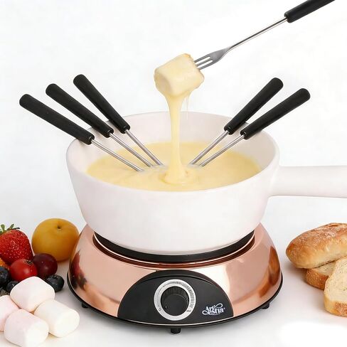 Artestia Electric Fondue Pot 2-QT 1500W ، مجموعة فوندو سويسرية ثنائية الاستخدام لذوبان الجبن والشوكولاتة ، والتحكم في درجة الحرارة القابلة للتعديل ، وعاء خزفي أبيض مع قاعدة من الذهب الوردي وشوكات 6 in Kuwait