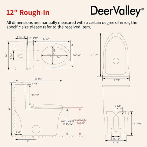 DeerValley One Piece Toilet Elongated Toilet with Soft-Close Seat Powerful 1.1/1.6 GPF Dual Flush Standard Height Toilets Skirted Design 12" Rough-In DV-1F026 in Kuwait