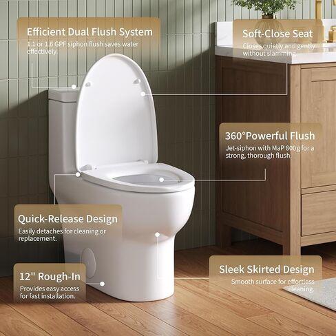 DeerValley One Piece Toilet Elongated Toilet with Soft-Close Seat Powerful 1.1/1.6 GPF Dual Flush Standard Height Toilets Skirted Design 12" Rough-In DV-1F026 in Kuwait