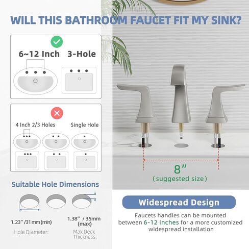 صنبور حمام من النيكل المصقول من VXV واسع الانتشار مقاس 8 بوصات، صنبور حوض ذو 3 فتحات مع تصريف منبثق وخطوط إمداد مرفقة مسبقًا لسهولة التركيب بنفسك، صنبور لحوض الحمام، RV in Kuwait