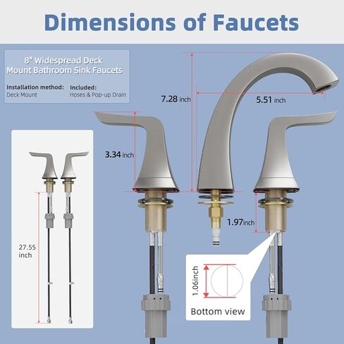 صنبور حمام من النيكل المصقول من VXV واسع الانتشار مقاس 8 بوصات، صنبور حوض ذو 3 فتحات مع تصريف منبثق وخطوط إمداد مرفقة مسبقًا لسهولة التركيب بنفسك، صنبور لحوض الحمام، RV in Kuwait