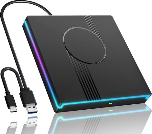 RGB External CD/DVD Drive for Laptop, External CD Drive USB 3.0 Type-C Portable DVD Player, CD Burner +/-RW Optical Drive, Slim CD ROM External Drive for Laptop Desktop PC Windows Mac in Kuwait