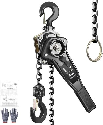 رافعة سلسلة يدوية، سعة 3 طن (6600 رطل)، رفع 10 قدم، هيكل من الصلب المجلفن، فرامل مزدوجة وخطاف دوار 360 درجة للجراج، ورشة العمل، المصنع، الرصيف (أسود، 3T-3m) in Kuwait