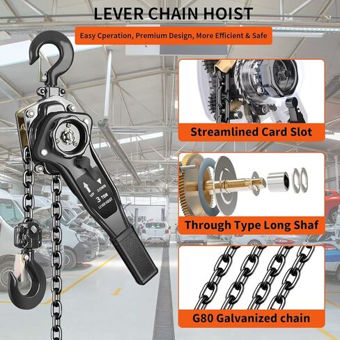رافعة سلسلة يدوية، سعة 3 طن (6600 رطل)، رفع 10 قدم، هيكل من الصلب المجلفن، فرامل مزدوجة وخطاف دوار 360 درجة للجراج، ورشة العمل، المصنع، الرصيف (أسود، 3T-3m) in Kuwait