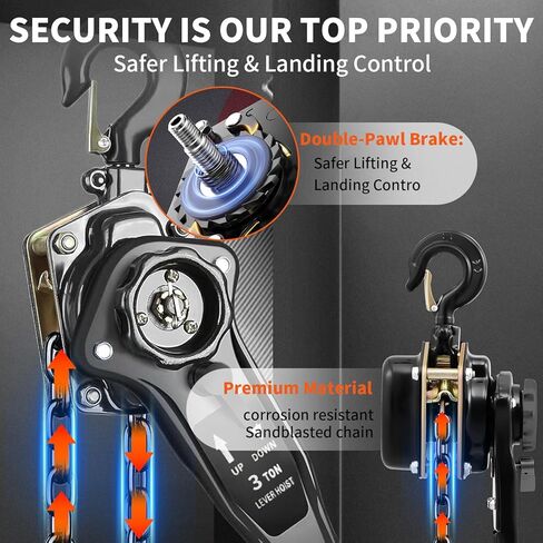 رافعة سلسلة يدوية، سعة 3 طن (6600 رطل)، رفع 10 قدم، هيكل من الصلب المجلفن، فرامل مزدوجة وخطاف دوار 360 درجة للجراج، ورشة العمل، المصنع، الرصيف (أسود، 3T-3m) in Kuwait