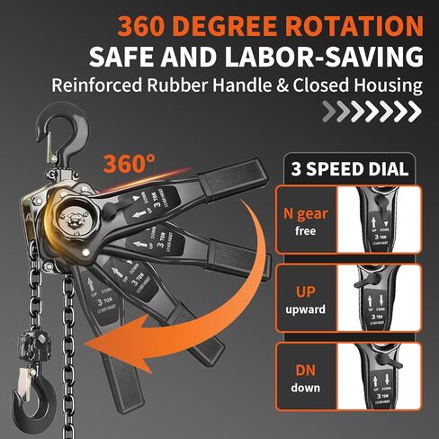 رافعة سلسلة يدوية، سعة 3 طن (6600 رطل)، رفع 10 قدم، هيكل من الصلب المجلفن، فرامل مزدوجة وخطاف دوار 360 درجة للجراج، ورشة العمل، المصنع، الرصيف (أسود، 3T-3m) in Kuwait