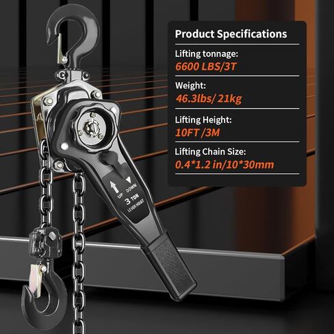 Manual Chain Hoist, 3 Ton (6600 lbs) Capacity, 10 FT Lift, Galvanized Steel Construction, Double Pawl Brake & 360° Swivel Hook for Garage, Workshop, Factory, Dock (Black, 3T-3m) in Saudi Arabia