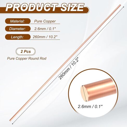 PATIKIL 2Pcs 99.99% Pure Copper Round Rod, 2.6mm / 0.1" Dia 10.2" Length Bare Copper cu Metal Rod Lathe Bar Stock for DIY Metal Craft Hobbies Gardening Industry Decoration in Saudi Arabia
