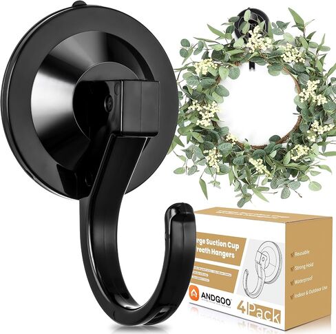 andgoo 4 حزمة خطافات كأس شفط كبيرة لأكاليل الأبواب، شماعات إكليل للباب الأمامي، الزجاج، النافذة، الدش، حامل إكليل بقطر 1.9 بوصة، بدون أدوات، بدون ضرر، يحمل ما يصل إلى 22 رطلاً in Kuwait