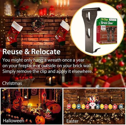 Brick Hook Clips for Hanging Outdoors, Brick Hangers for Brick Wall Hanging No Drill and Nails, Heavy Duty Brick Siding Clips Wall Hangers Fits Standard Brick 2-1/4" to 2-3/8" in Height (24, Standard) in Kuwait