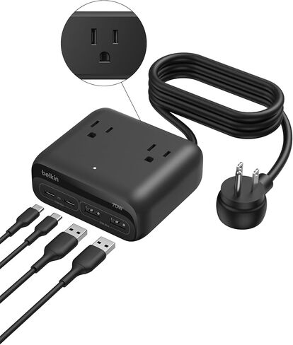 Belkin 3 -Otlet Gan Charging Station 70W ، Dual USB C Charger w/ 3x AC Outlets ، 2x USB A POTTRS - Power Strip for iPhone ، Apple Watch ، iPad ، MacBook ، Chromebook ، Samsung Galaxy ، Pixel 9 ، & More - Black - Black in Kuwait