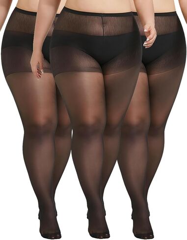 3 Pairs Plus Size Sheer Tights for Women, 20D Ultra Thin High Waist Control Top Pantyhose with Reinforced Toes in Kuwait