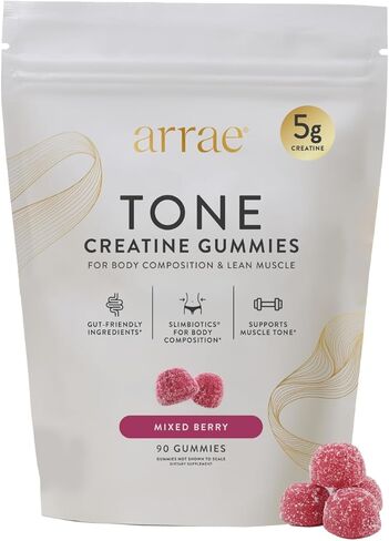 Arrae Tone Gummies-أحادي الهيدرات الكرياتين 5G للنساء-دعم العضلات الهزيلة والقوة والانتعاش-ملحق تنغيم العضلات الصديق للهرمونات-نكهة التوت المختلطة-90 عدد in Kuwait