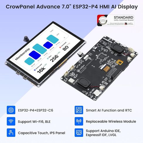 شاشة ELECROW ESP32 مقاس 1024x600، شاشة لمس HMI ESP32 IPS مقاس 7 بوصة مع كاميرا، تدعم تفاعل الكلام AI، معالج ESP32-P4 ثنائي النواة، حتى 400 ميجاهرتز، متوافق مع Arduino، ESP-IDF، LVGL in Kuwait