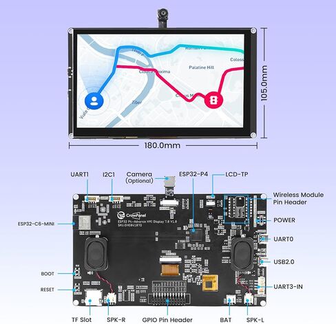 شاشة ELECROW ESP32 مقاس 1024x600، شاشة لمس HMI ESP32 IPS مقاس 7 بوصة مع كاميرا، تدعم تفاعل الكلام AI، معالج ESP32-P4 ثنائي النواة، حتى 400 ميجاهرتز، متوافق مع Arduino، ESP-IDF، LVGL in Kuwait