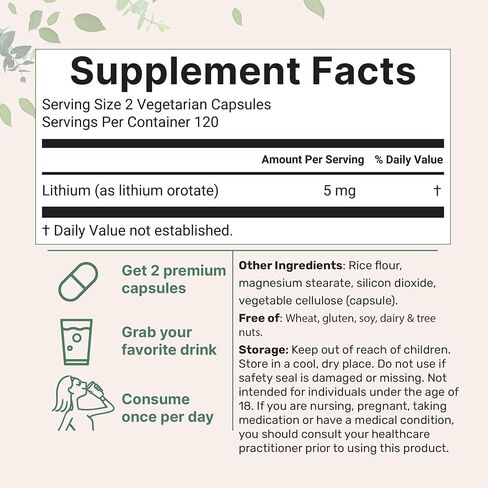 Micro Ingredients Lithium Orotate 5mg, 240 Vegetarian Capsules | 5mg Per Serving | Elemental Lithium Trace Mineral | Stable Low-Dose Orotate Form | Non-GMO, Filler Free in Saudi Arabia