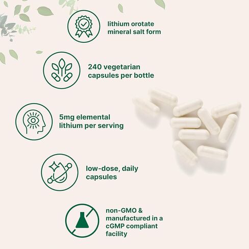 Micro Ingredients Lithium Orotate 5mg, 240 Vegetarian Capsules | 5mg Per Serving | Elemental Lithium Trace Mineral | Stable Low-Dose Orotate Form | Non-GMO, Filler Free in Saudi Arabia