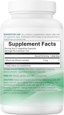 Micro Ingredients Lithium Orotate 5mg, 240 Vegetarian Capsules | 5mg Per Serving | Elemental Lithium Trace Mineral | Stable Low-Dose Orotate Form | Non-GMO, Filler Free in Saudi Arabia