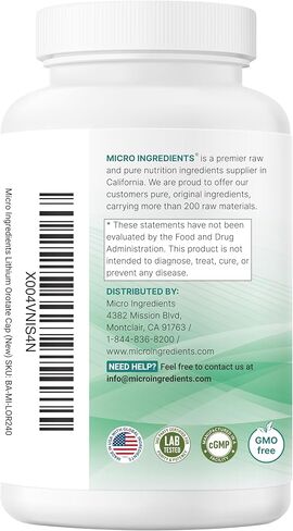 Micro Ingredients Lithium Orotate 5mg, 240 Vegetarian Capsules | 5mg Per Serving | Elemental Lithium Trace Mineral | Stable Low-Dose Orotate Form | Non-GMO, Filler Free in Saudi Arabia