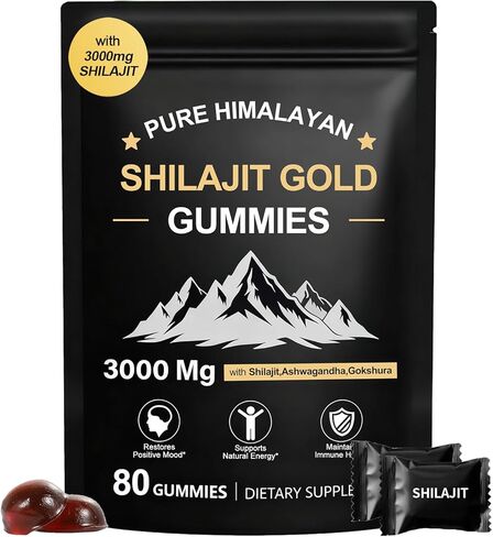 شيلاجيت علكة | شيلاجيت جولد حلوى للرجال والنساء | غني بأشواغاندا وجوكشورا | حمض الفولفيك و85+ من المعادن النادرة | بدون سكر مضاف | عضوي طبيعي 100%، 80 علكة in Kuwait