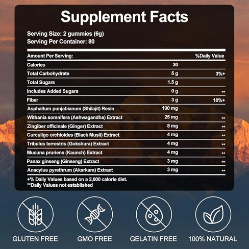 شيلاجيت علكة | شيلاجيت جولد حلوى للرجال والنساء | غني بأشواغاندا وجوكشورا | حمض الفولفيك و85+ من المعادن النادرة | بدون سكر مضاف | عضوي طبيعي 100%، 80 علكة in Kuwait