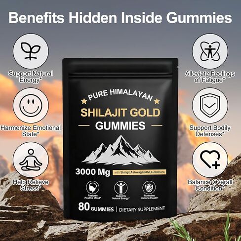 شيلاجيت علكة | شيلاجيت جولد حلوى للرجال والنساء | غني بأشواغاندا وجوكشورا | حمض الفولفيك و85+ من المعادن النادرة | بدون سكر مضاف | عضوي طبيعي 100%، 80 علكة in Kuwait