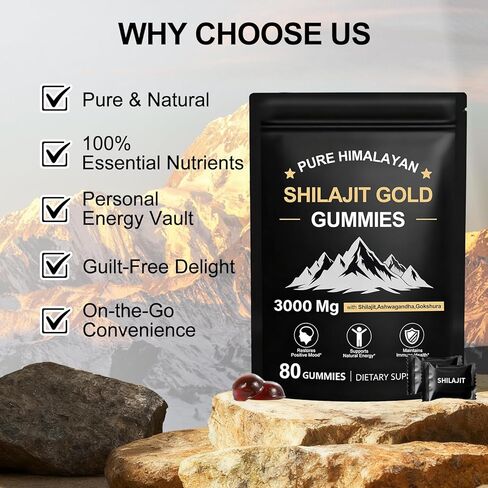 شيلاجيت علكة | شيلاجيت جولد حلوى للرجال والنساء | غني بأشواغاندا وجوكشورا | حمض الفولفيك و85+ من المعادن النادرة | بدون سكر مضاف | عضوي طبيعي 100%، 80 علكة in Kuwait