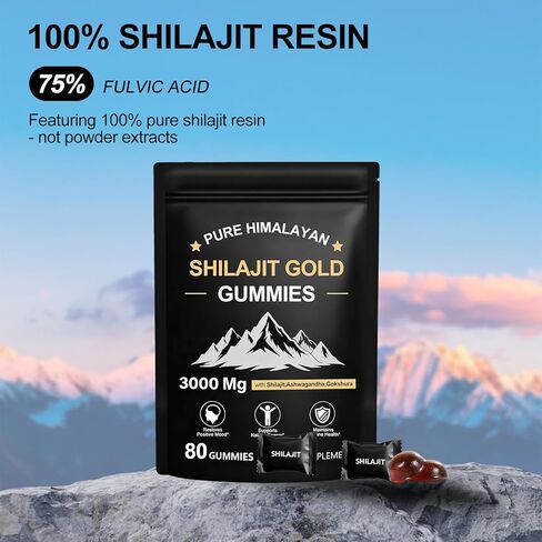 شيلاجيت علكة | شيلاجيت جولد حلوى للرجال والنساء | غني بأشواغاندا وجوكشورا | حمض الفولفيك و85+ من المعادن النادرة | بدون سكر مضاف | عضوي طبيعي 100%، 80 علكة in Kuwait