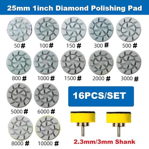 مجموعة وسادة تلميع ألماس صغيرة مقاس 1 بوصة 25 مم، 14 قطعة حبيبات مختلفة 50#-10000# أقراص صنفرة مائية و2.3 مم 3 مم خطاف وحلقة حامل خلفي للحصول على تفاصيل الطحن الدقيق in Kuwait