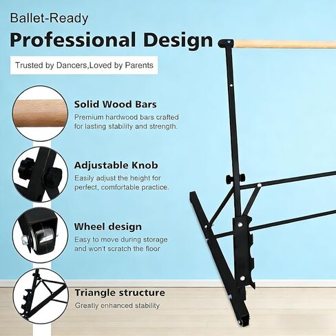 Professional 3.5FT Black Solid Wood Ballet Barre - Adjustable Height 31.5-39.5 Inches for Athletic Training, Fitness, and Dance Practice in Saudi Arabia
