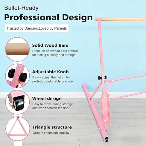 3.5FT Pink Solid Wood Ballet Barre – Adjustable Height 31.5-39.5 Inches for Dance, Athletic Training, and Fitness in Saudi Arabia