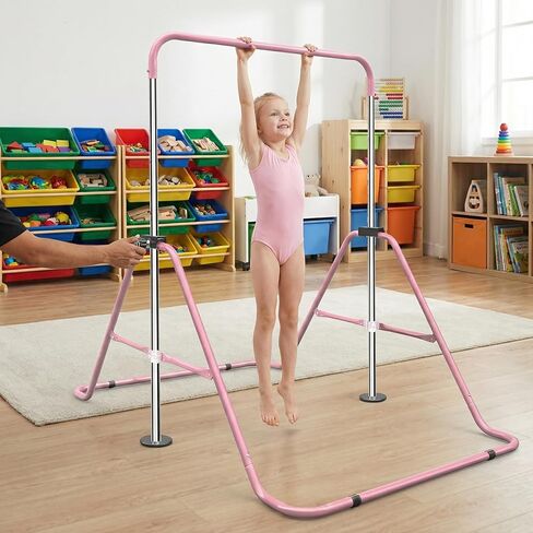 Pink Multi-Functional Adjustable Height Children's Horizontal Gymnastic Bar with Bear Rings - Sturdy Steel Construction, Foldable Design, Enhances Flexibility & Strength in Saudi Arabia