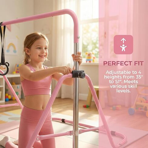 Pink Multi-Functional Adjustable Height Children's Horizontal Gymnastic Bar with Bear Rings - Sturdy Steel Construction, Foldable Design, Enhances Flexibility & Strength in Saudi Arabia
